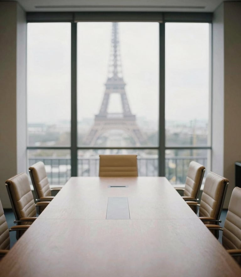 A quiet, modern boardroom in Paris, soft diffused overcast daylight through large windows, empty leather chairs, architectural framing, desaturated sand tones, 35mm film grain.