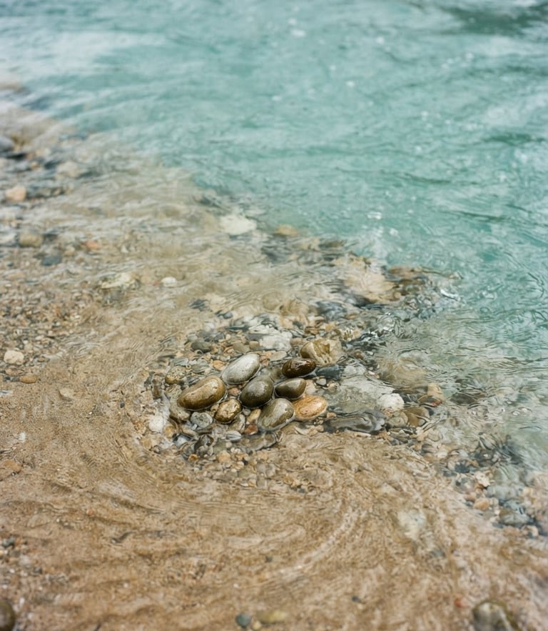 Soft close-up of clear flowing river water over smooth sand, diffused overcast daylight, calming turquoise tones, 35mm