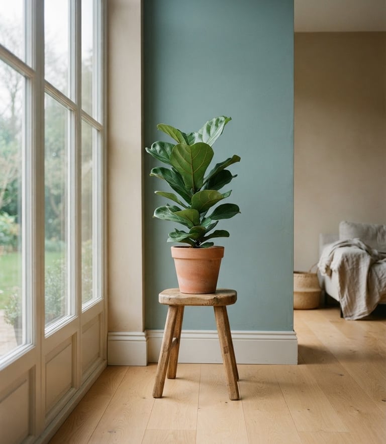 A serene, minimalist room with soft overcast daylight filtering through a window, a single green plant on a wooden stool, 35mm photography