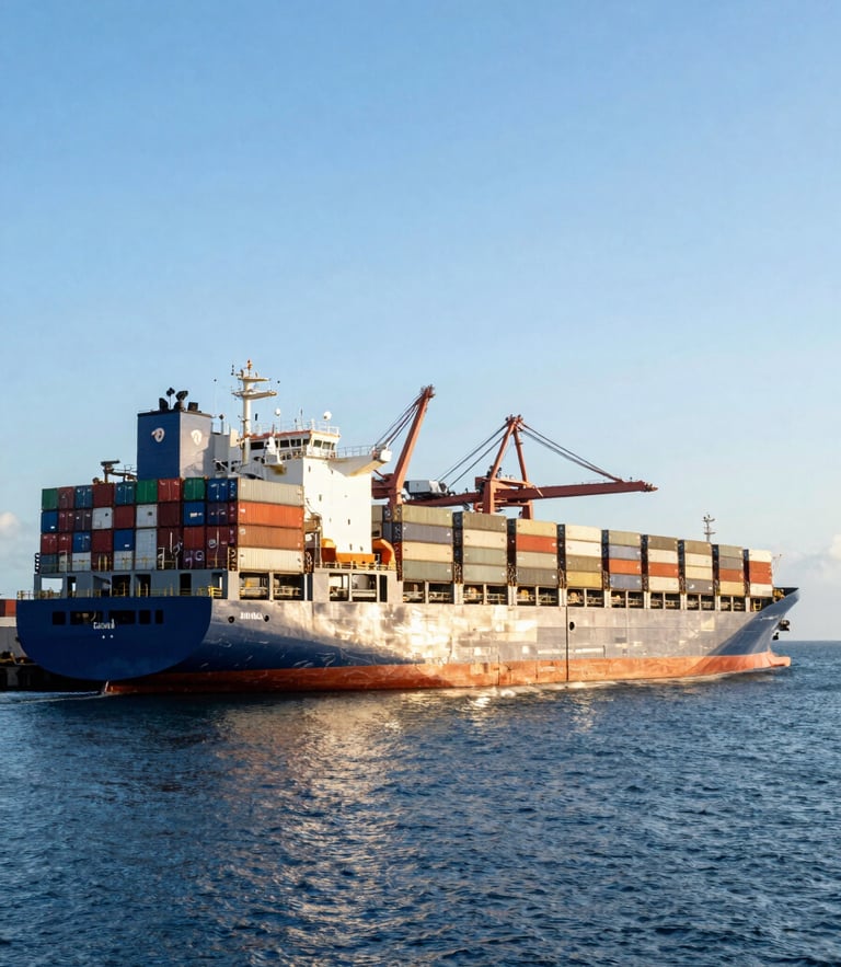 Crisp commercial photography of a large container ship docking at the Port of Libreville, deep blue water, golden sunlight reflecting on the cargo cranes, wide angle