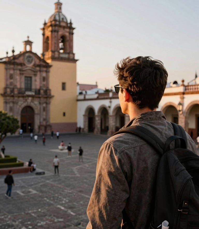 Warm golden-hour light shining on a traveler looking out over a historic Mexican courtyard, soft editorial travel photography, 35mm film style.