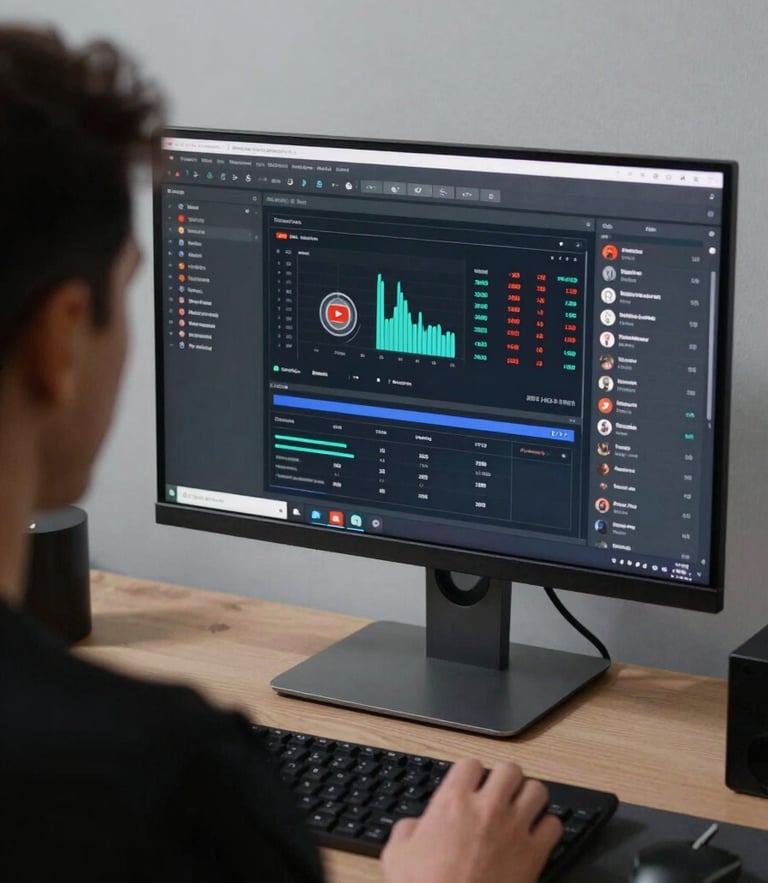 Over-the-shoulder shot of a creator analyzing a YouTube performance dashboard on a sleek monitor, cool-toned studio lighting, clean tech setup, sharp focus on screen metrics.