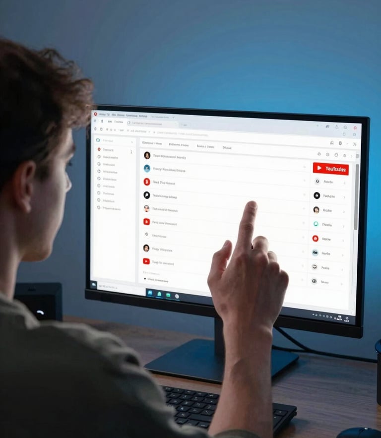 Over-the-shoulder shot of a digital creator analyzing a YouTube performance dashboard on a dual-monitor setup, cool blue studio lighting, crisp software UI visible