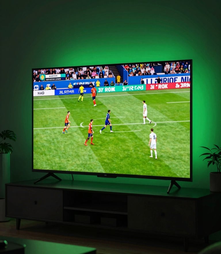 Cinematic digital photography of a smart TV screen glowing with a vibrant live soccer match in a dark cozy living room, neon ambient green light, sharp focus, 35mm