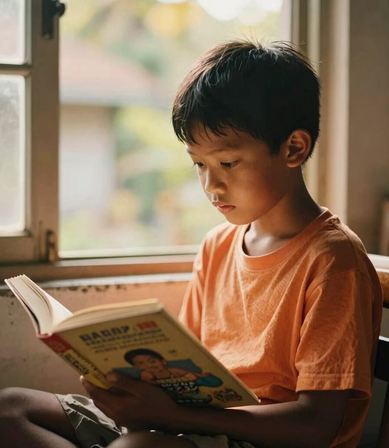 Warm editorial photography of an Indonesian child reading a book by the window, soft golden hour daylight, 35mm