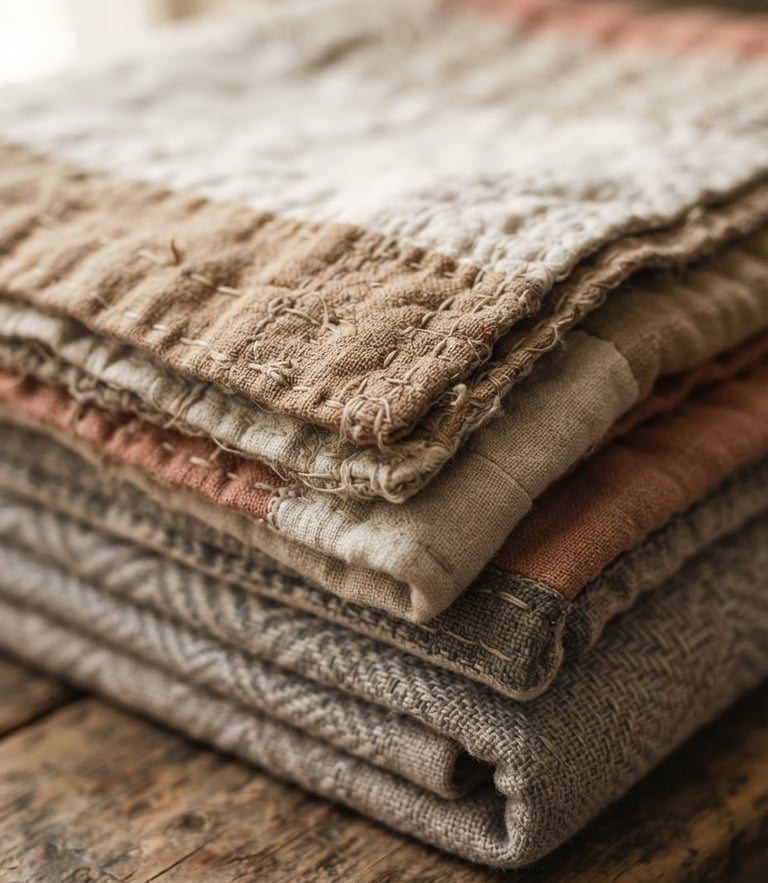 Macro close-up of folded heavy-gauge cotton quilts in clay and bone tones, showing hand-stitched edge details, soft afternoon window light, shallow depth of field.