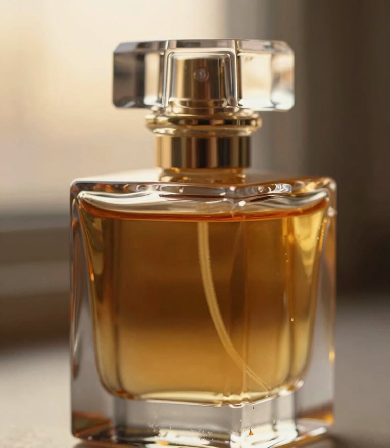 Macro close-up of a luxurious crystal perfume bottle reflecting warm golden hour light, amber liquid glowing inside, shallow depth of field, 35mm