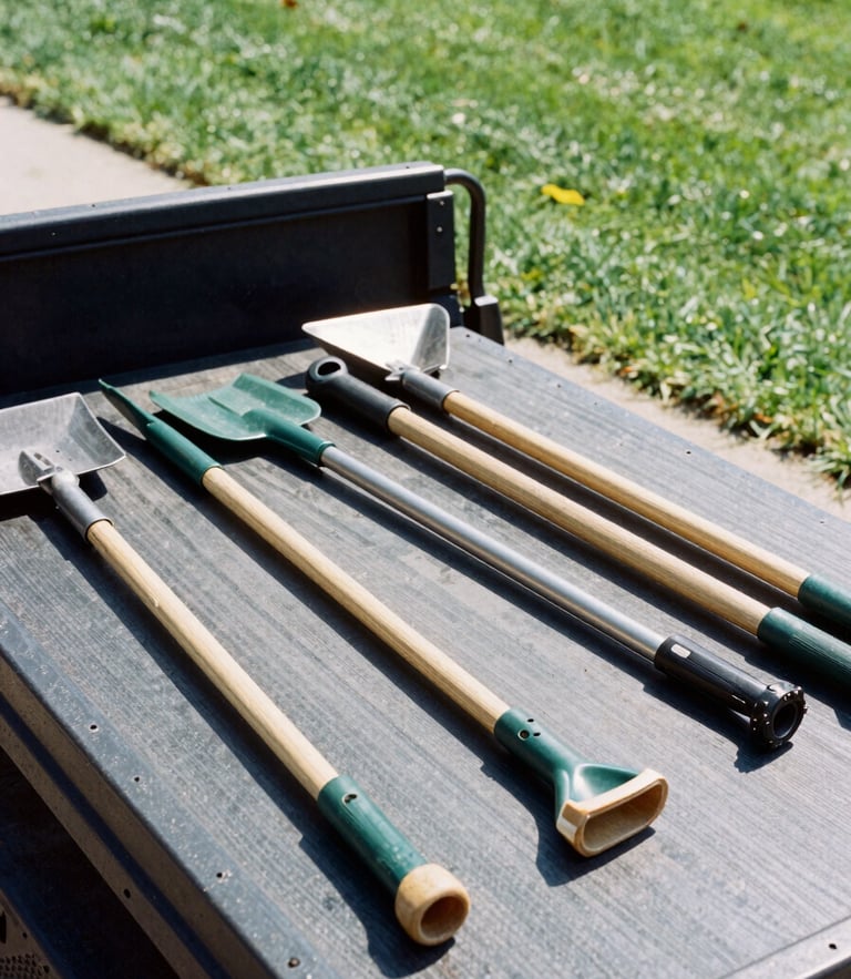 Crisp 35mm outdoor photography under bright natural daylight showing an organized flatbed truck loaded with clean landscaping tools, a sharp lawn edge visible in the background, rich greens and slate grays, sharp focus
