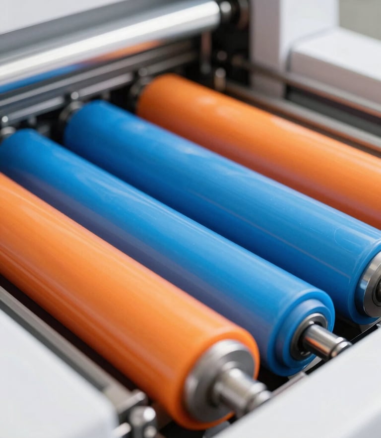 Macro shot of modern high-speed digital printing press rollers with vibrant blue and orange ink layers, bright studio lighting, shallow depth of field