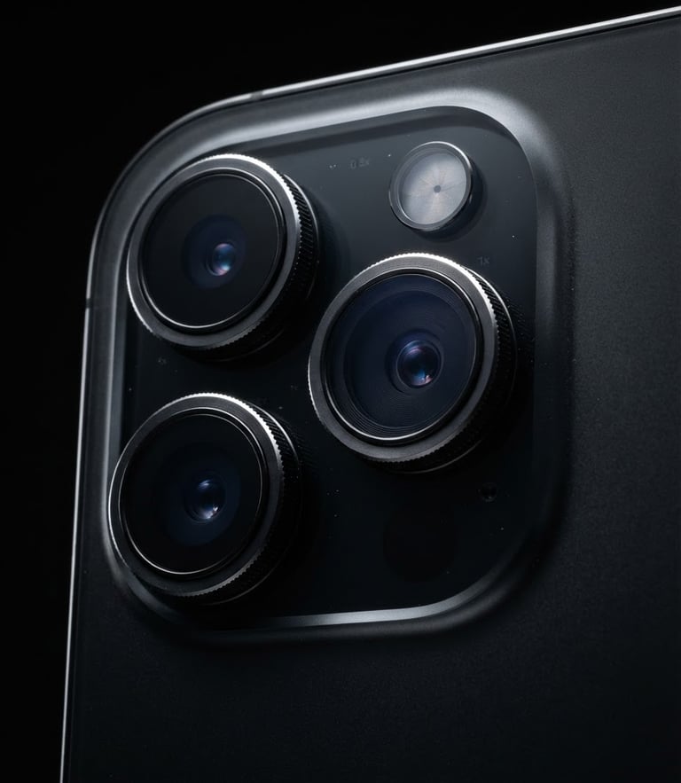 Close-up of a pristine iPhone camera lens array, sharp rim lighting highlighting the metallic curves, dark studio background, ultra-detailed textures, 85mm lens.
