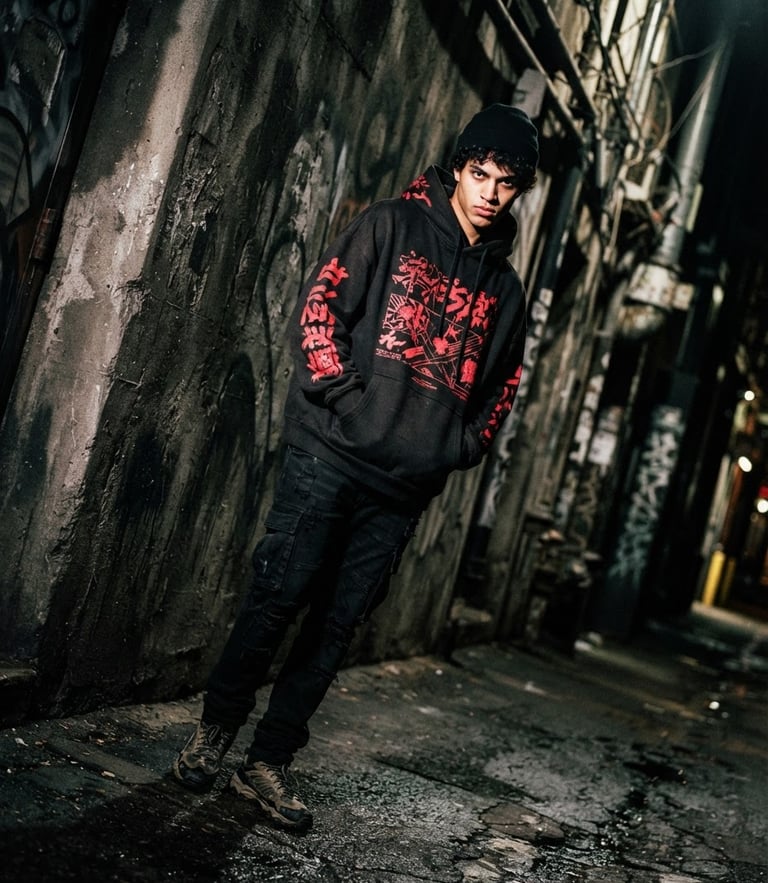 Dutch-angle gritty streetwear photo of a model in a heavyweight black hoodie with vibrant red graphics, high-contrast direct flash, harsh shadows against a raw concrete alley wall