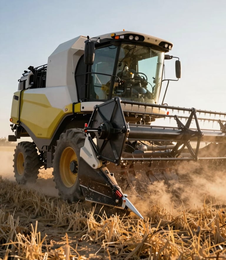 Dynamic low-angle shot of a heavy semi-automated harvester working in a dusty golden hour field, high-contrast natural sunlight, focus on mechanical joint and steel chassis.