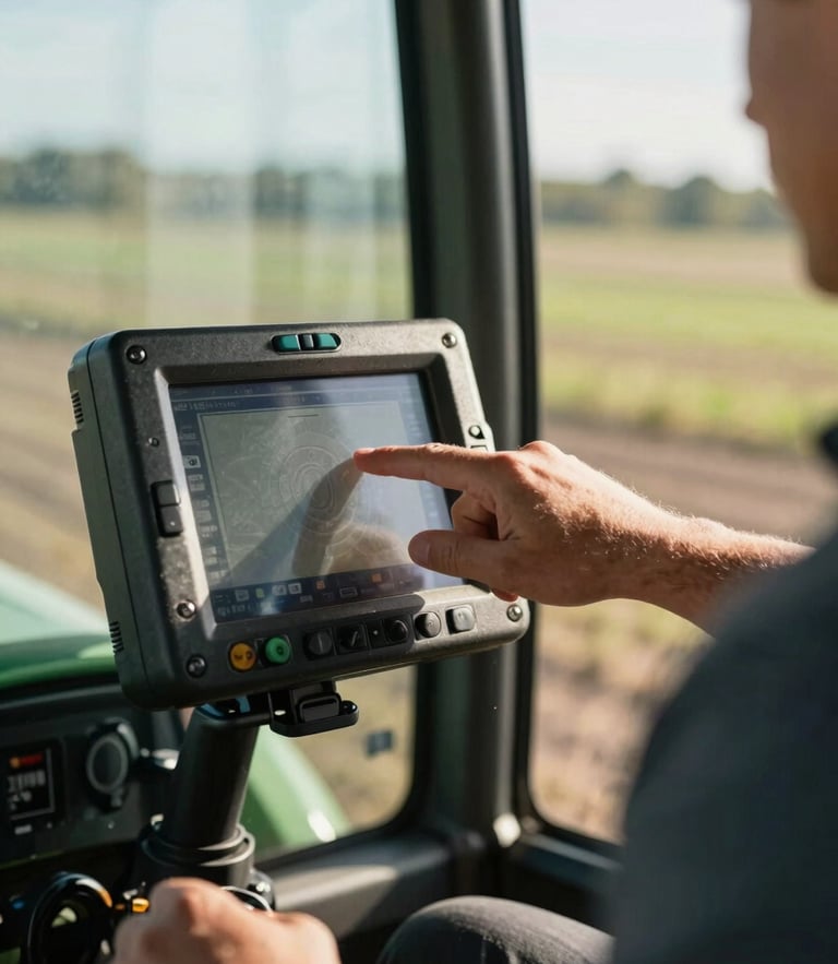 Close-up of a farmer's hand interacting with a rugged digital control screen mounted inside a tractor cabin, bright morning sunlight filtering through the window.
