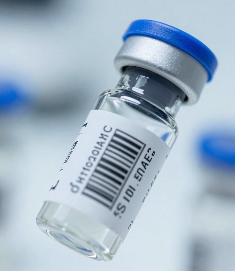 Macro close-up of a sealed specimen vial with a barcode under bright, cool-toned white laboratory lighting, sterile blue and slate tones, sharp focus, 35mm.