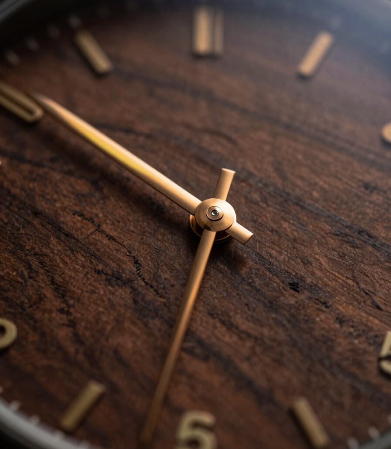 Macro close-up of a watch dial resting on dark textured walnut wood, warm amber highlights reflecting off the metallic hands.