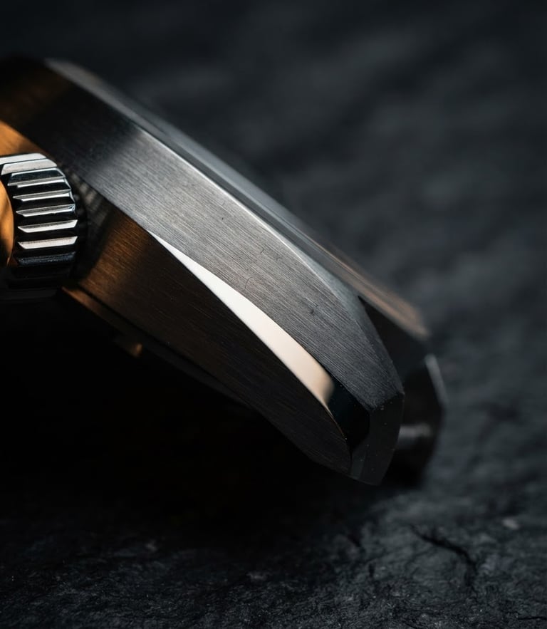 Extreme macro close-up of a brushed steel watch case, directional side-lighting catching the polished bevels, dark slate background, moody high-contrast details