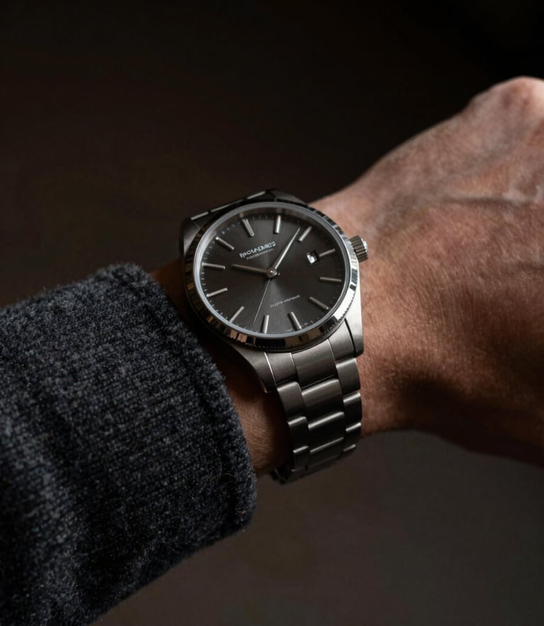 Tight wrist shot of a modern steel watch on a dark grey wool sleeve, directional side-lighting casting sharp highlights on the polished bezel.