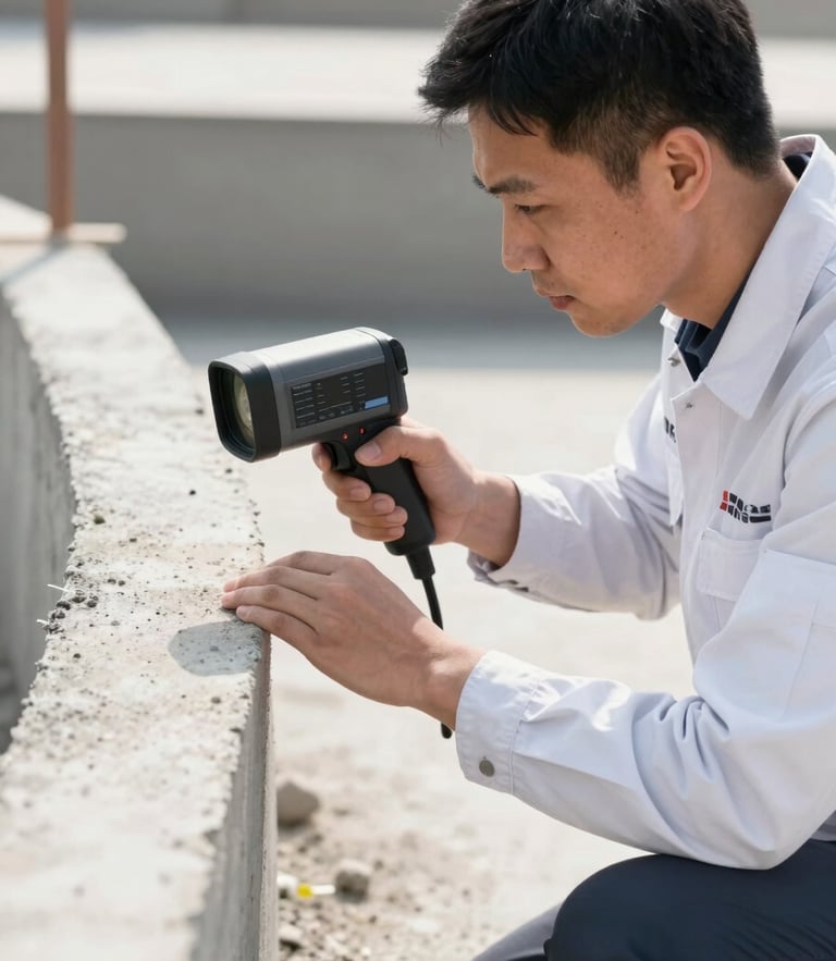 A professional technician in a crisp branded uniform using a thermal imaging camera to inspect a concrete foundation edge in high-contrast daylight, showing precise technical focus.