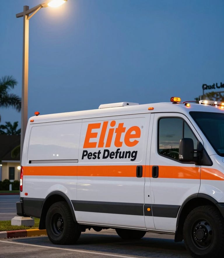 A clean Elite Pest Defense service vehicle parked under a Cape Coral streetlamp at twilight, sharp safety orange branding visible on the side, dramatic high-contrast lighting.