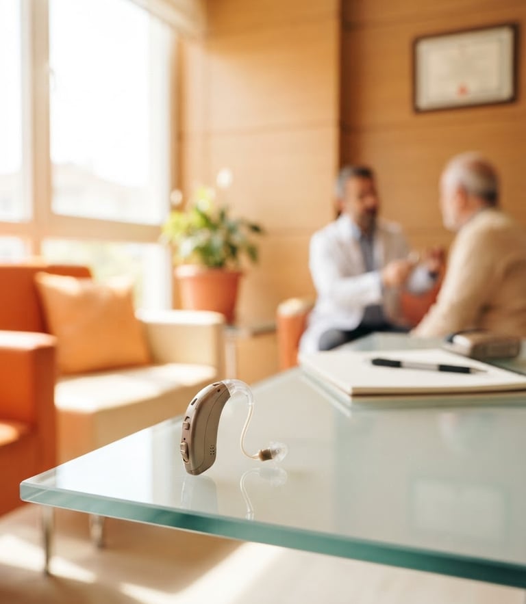 Bright natural window light, a friendly clinical consultation room at Duyer İşitme, warm wood accents, a sleek modern hearing aid resting on a clean glass table in the foreground, soft orange tones, shallow depth of field