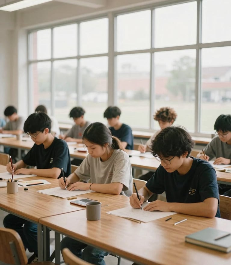Medium-wide environmental portrait of students in a modern wooden vocational workshop, warm natural light streaming through high windows, focused on hands-on learning.