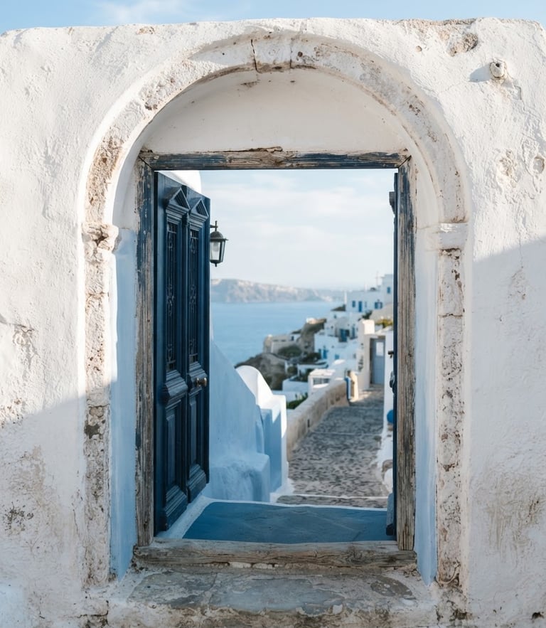 Bright minimalist detail of a whitewashed Greek stone archway, clean blue shadows, Mediterranean morning light, serene atmosphere