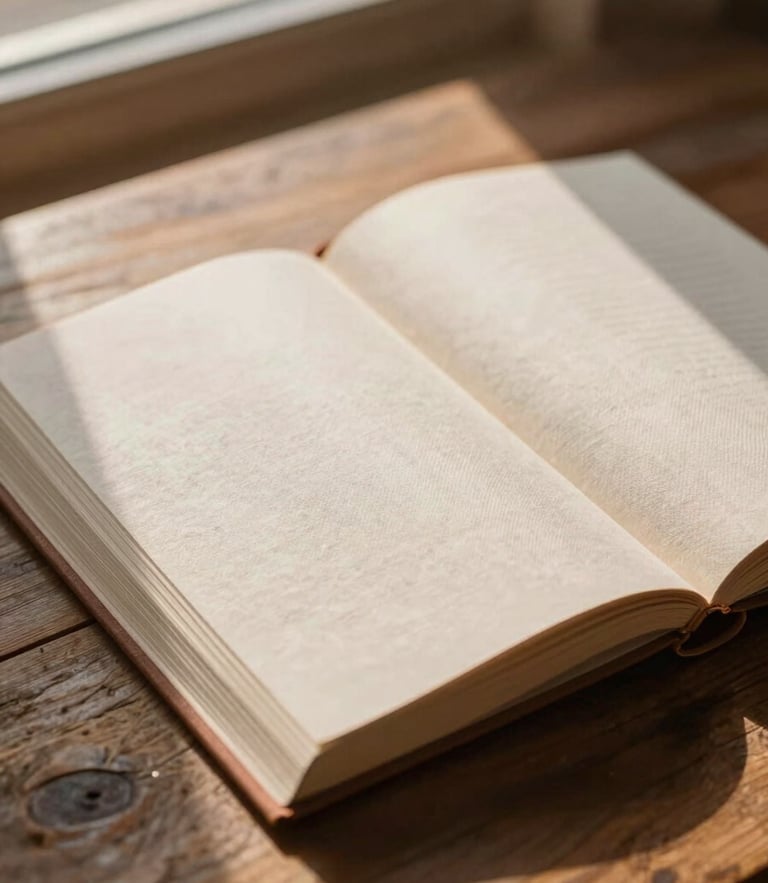 A close-up of a linen-bound workbook lying open on a rustic wooden table, soft golden-hour window light casting warm shadows, 35mm