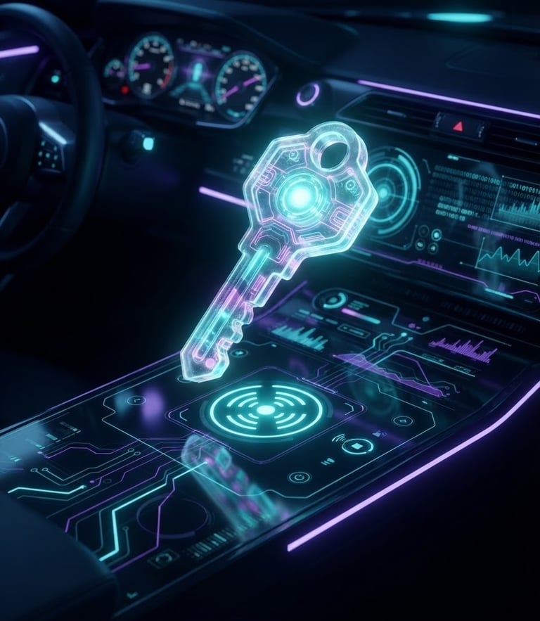 Sleek 3D render of a glowing digital key floating over a dark glass dashboard, neon cyan highlights, high-tech security concept