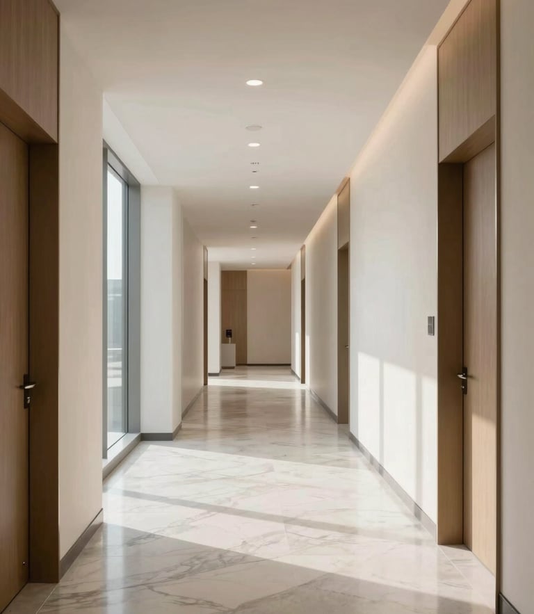 Wide architectural shot of a modern, empty luxury medical clinic hallway, soft natural daylight, minimalist design with marble floor.