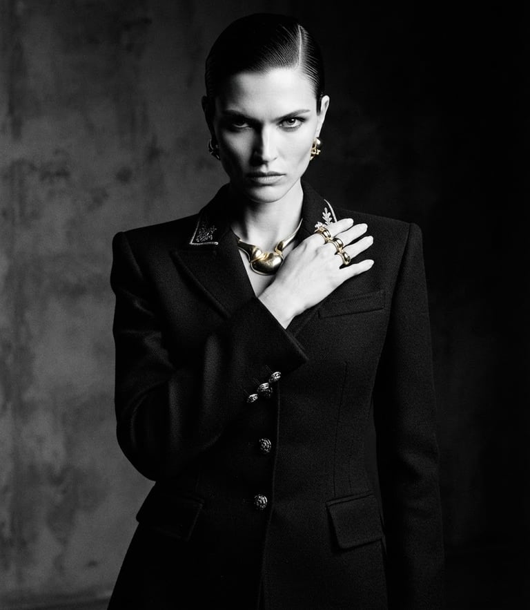 High-fashion editorial model wearing a structured black tailored jacket, dramatic side lighting, high-contrast studio setting, gold accents, 35mm