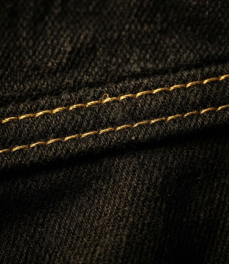 Tight macro crop of precise double-stitching on heavy black cotton garment, golden studio lighting, sharp details, 35mm
