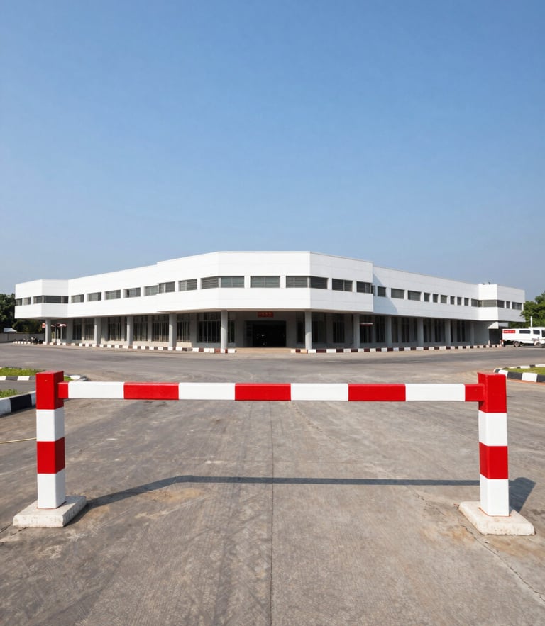 Bright architectural wide-angle photo of an open commercial land plot in Kolkata, clear blue sky, red and white boundary markers, sharp focus