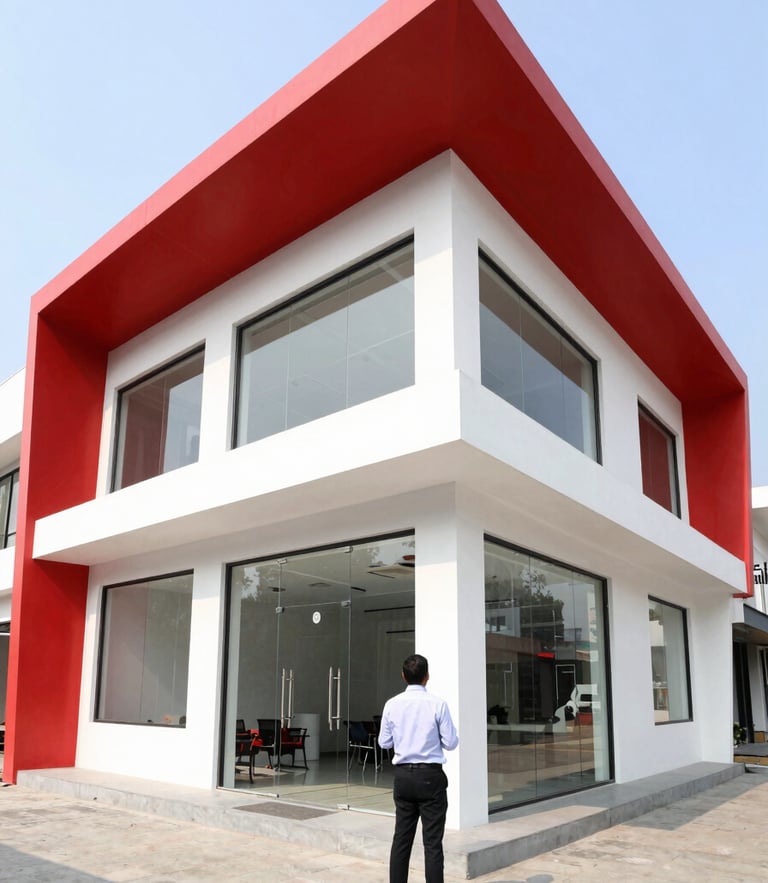 A professional RentLoh agent inspecting a bright, modern commercial office space in Kolkata, wide-angle architectural photography, high-contrast red and white accents.