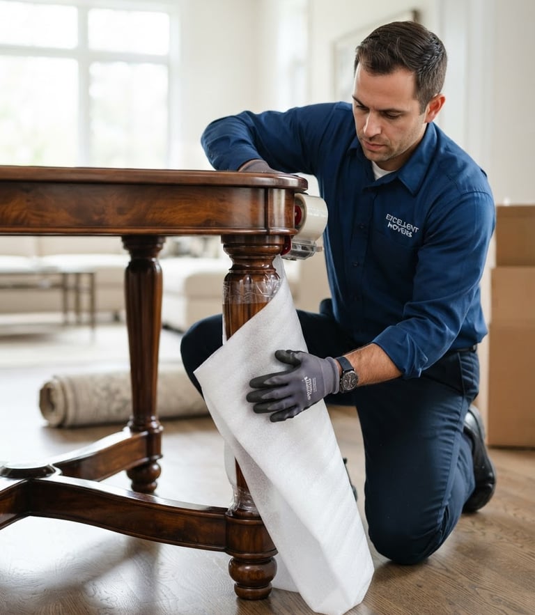 A professional moving crew member in a clean dark blue uniform carefully wrapping a polished wooden table leg with thick protective foam, bright natural daylight.