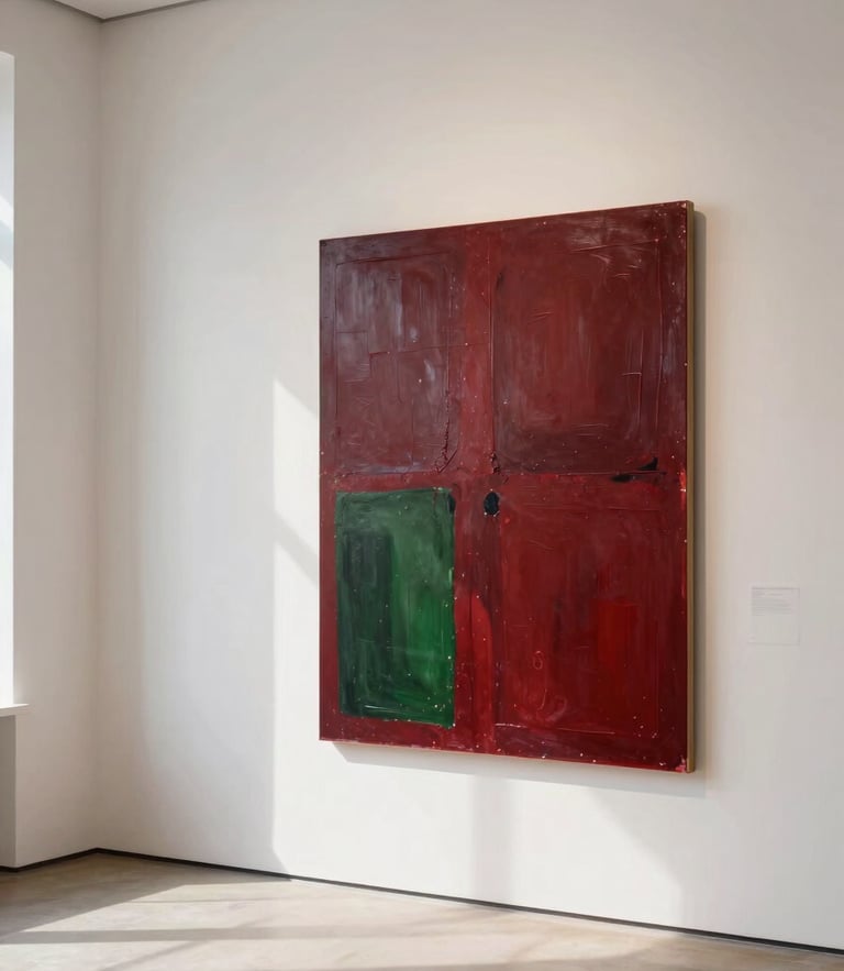 Elegant art gallery interior with soft natural light, a large abstract canvas with deep crimson tones hanging on a crisp white wall, editorial 35mm photography