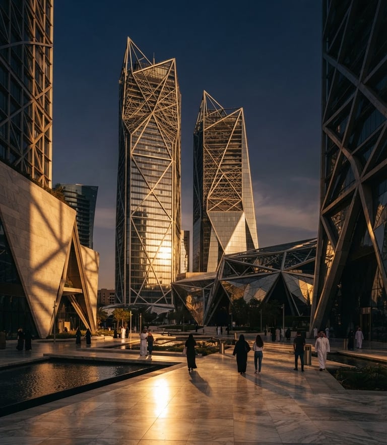 Cinematic golden hour architectural shot of modern Riyadh financial district skyscrapers, sharp geometric shadows, warm light reflecting on marble, luxury editorial feel