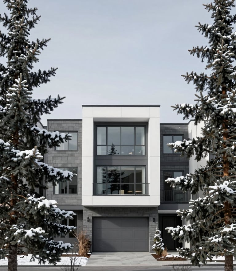 Crisp architectural exterior of a modern luxury townhouse in Anchorage, framed by snow-dusted spruce trees and a cool slate-grey sky, bright natural northern daylight, professional editorial