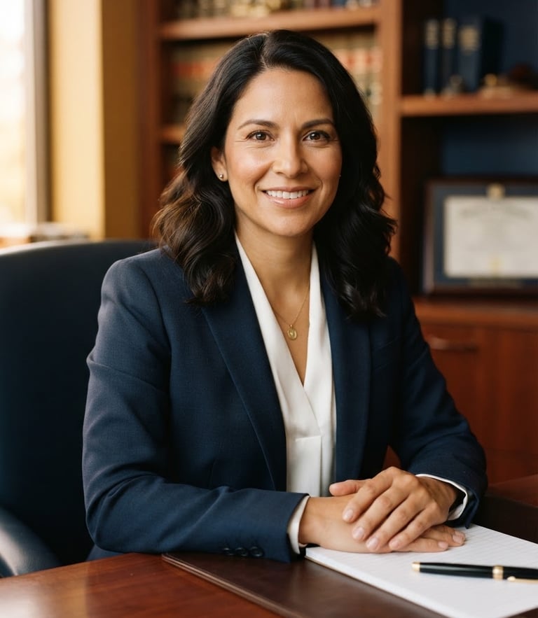 Professional studio portrait of a Hispanic personal injury attorney in a dark navy suit, warm gold lighting, looking confident and empathetic, 35mm