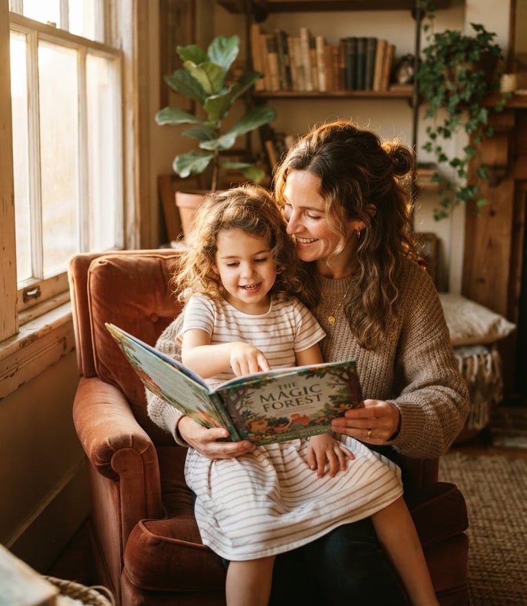 A warm environmental portrait of a mother and child reading together in a sunlit room, soft natural golden-hour light, rich earthy tones, shallow depth of field.