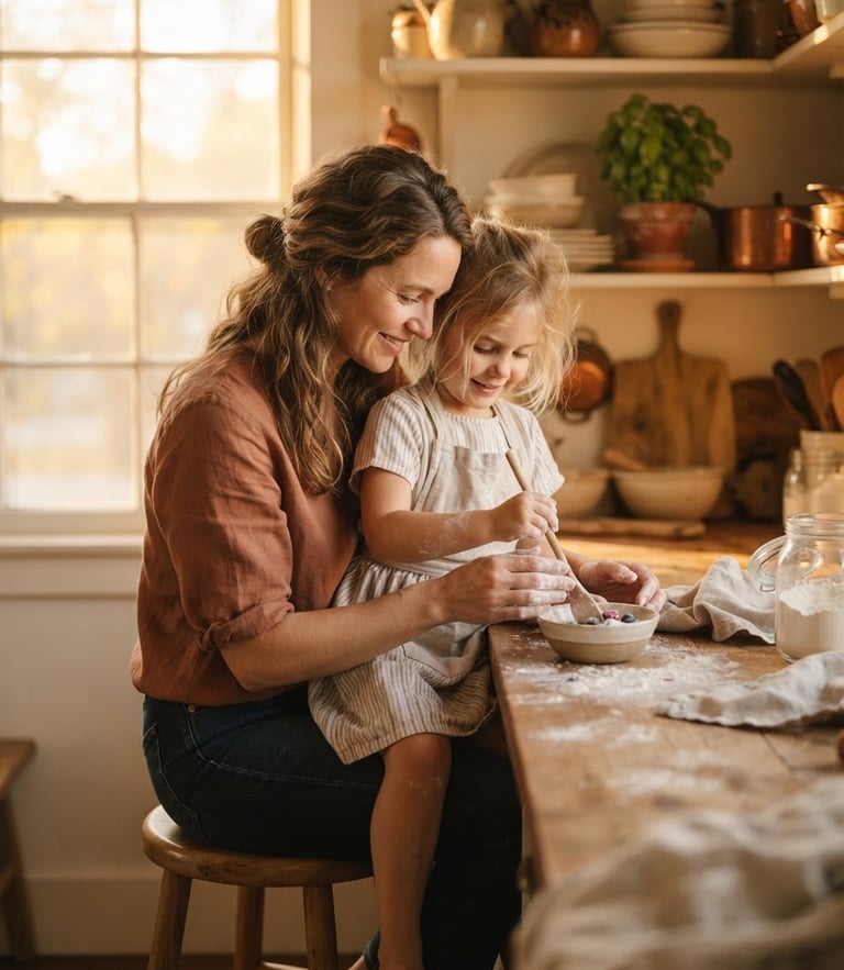A mother and child sharing a quiet moment in a sunlit kitchen, authentic editorial photography, soft natural golden-hour light, rich earthy tones, shallow depth of field.