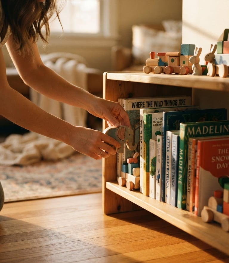 Close-up detail of hands gently organizing colorful children's books and wooden toys on a low shelf, soft golden-hour light streaming across the warm wooden floor, shallow depth of field, authentic and hopeful moment.