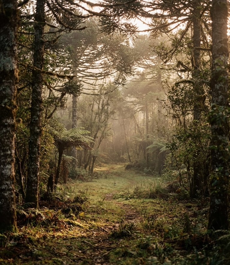 A quiet clearing in the Serra Gaúcha forest at golden hour, warm light filtering through Araucaria pine branches, soft mist, 35mm film look.