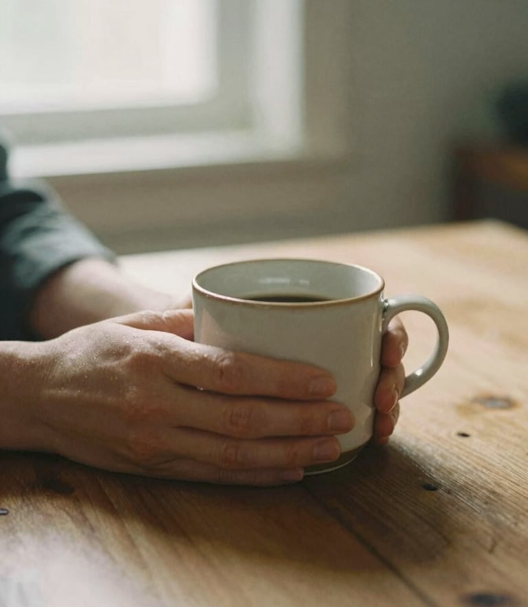 Hands holding a warm ceramic mug on a wooden table, soft morning window light, earthy muted tones, shallow depth of field, 35mm film