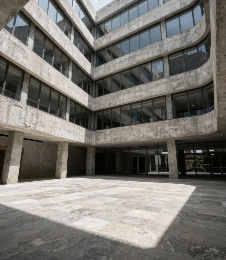 A high-contrast, wide-angle shot of a brutalist concrete corporate headquarters interior in Beirut, natural light casting deep shadows across polished stone floors.