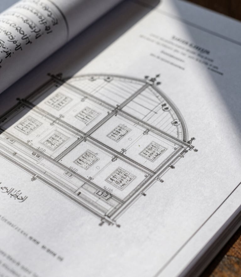 Detailed close-up of architectural blueprints and official registry documents with elegant Arabic script, high-contrast natural daylight with deep shadows, shallow depth of field