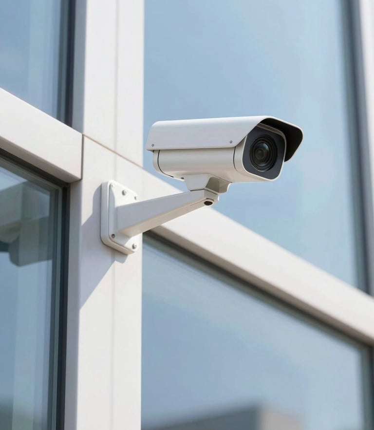 Bright high-key commercial photography of a modern glass office facade with an integrated sleek security camera, natural daylight, 35mm lens