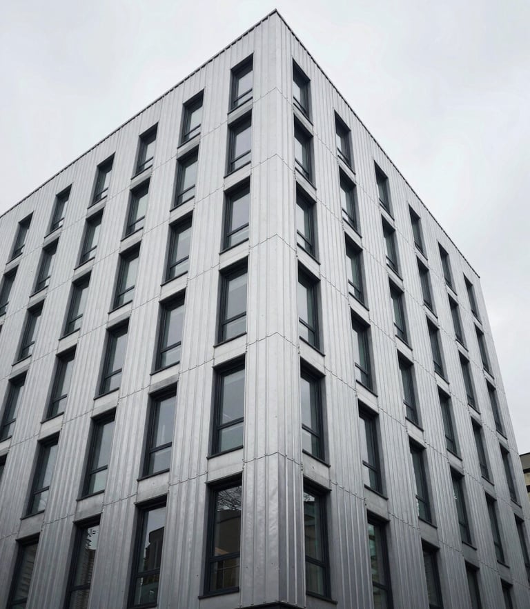 Wide-angle architectural photograph of a modern zinc-clad residential facade, sharp geometric lines, overcast UK daylight, straight-on symmetry.