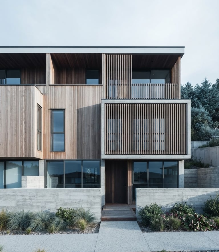Straight-on architectural elevation of a modern timber and concrete residential structure, crisp morning sun casting sharp geometric shadows, desaturated cool tones