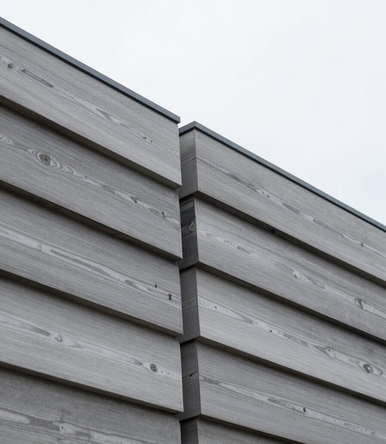 Macro photograph of a high-performance timber-clad wall junction, showing detailed material layers under crisp overcast daylight.