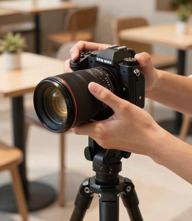 Professional photographer adjusting a camera on a tripod in a modern, sunlit cafe, close-up on hands and camera, warm tones, editorial style, 35mm lens